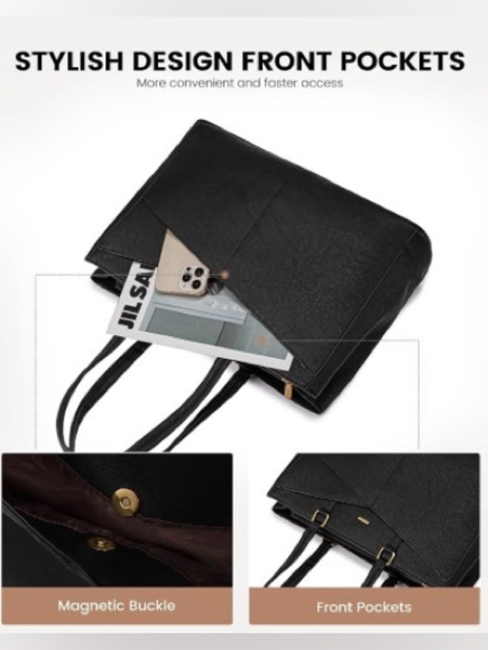 LOVEVOOK Large Laptop Shoulder Bag Tote Vegan Leather Black 16.5” x 6.1” x 11” - Picture 7 of 10